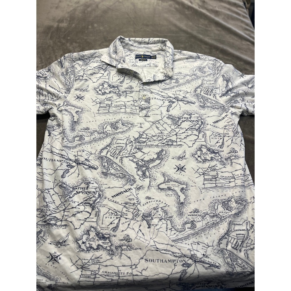 Ralph Lauren Mens 2XLT Knit Oxford Polo Shirt Hamptons Map Montauk White Navy